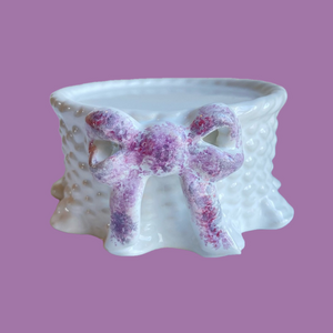 PartyLite pillar candle holder white with lavender purple bow in glazed ceramic